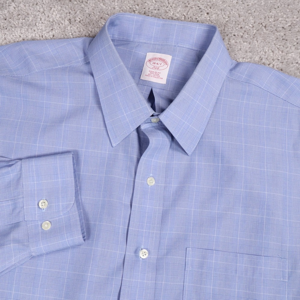Brooks Brothers 346 Dress Shirt Regular Fit Non-Iron Plaid Blue 16-6/7 Large